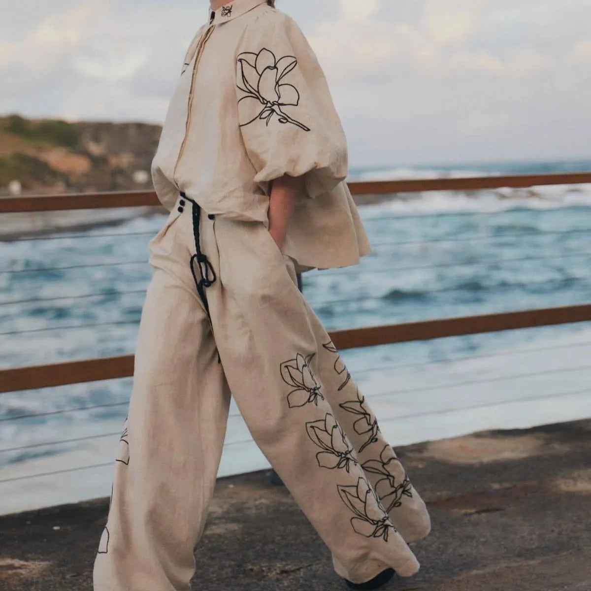 European And American Spring And Summer Fashion Cotton And Linen Printed Wide-leg Pants Suit - Bellarte Enchanté European And American Spring And Summer Fashion Cotton And Linen Printed Wide-leg Pants Suit
